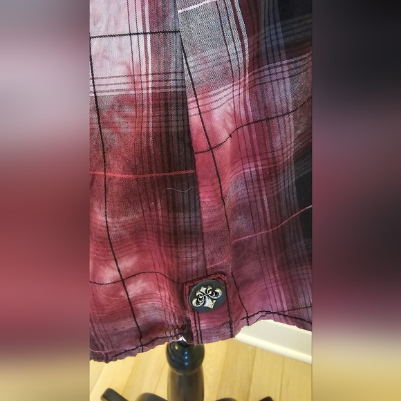 Affliction Button Down Shirt Womens Large Red Wine Black Long Sleeves - Picture 8 of 13